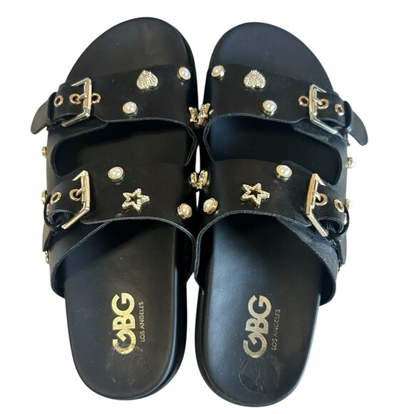 GBG GG Juliana T  Rhinestone Pearl Double Strap Black Platform Slide Sandals 8M - Picture 7 of 14